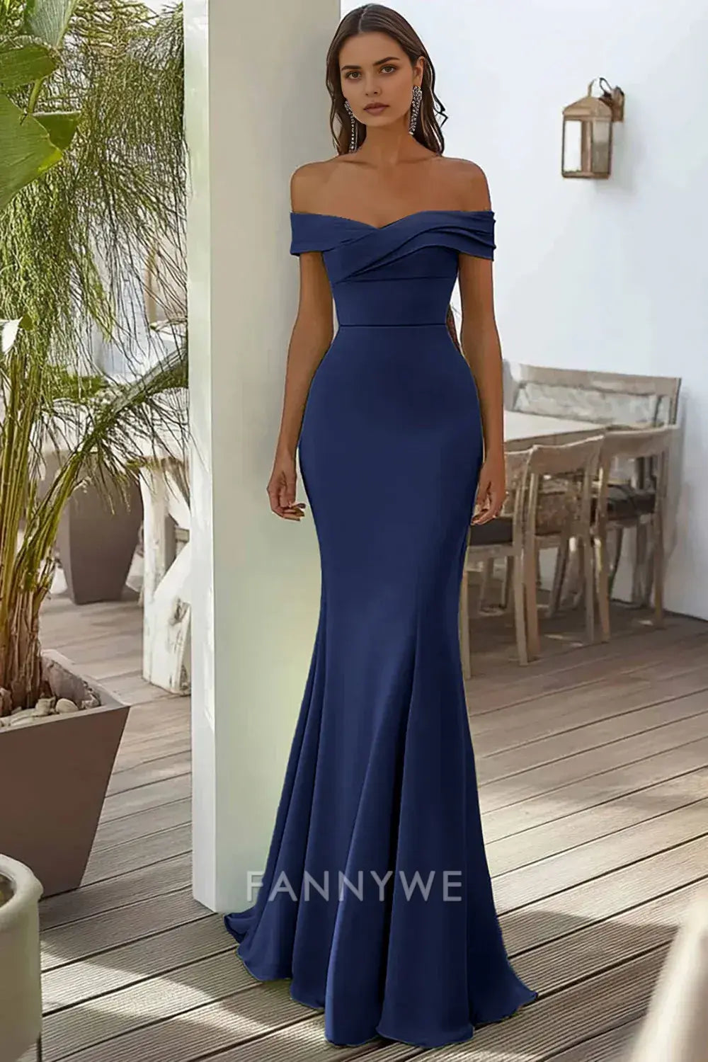 FannyWe Simple Navy Off the Shoulder Mermaid Long Satin Formal Dress